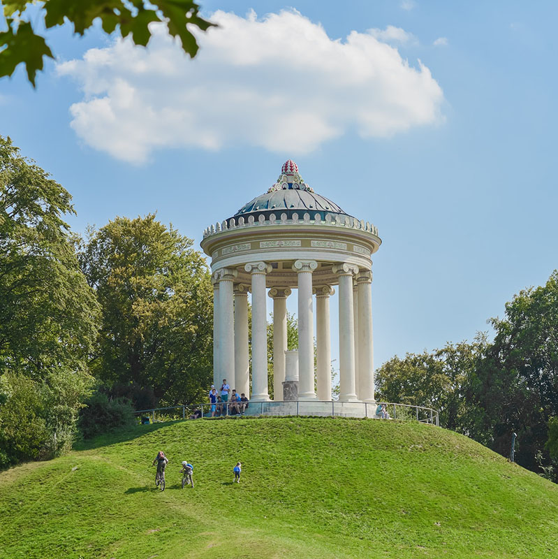 View of the famous Munich English Gardens gazebo from downhill.